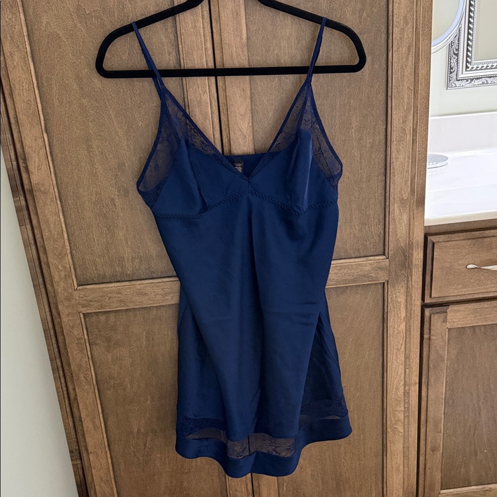 Victoria's Secret Satin Navy Lace Trim Intimate Lingerie Slip Dress